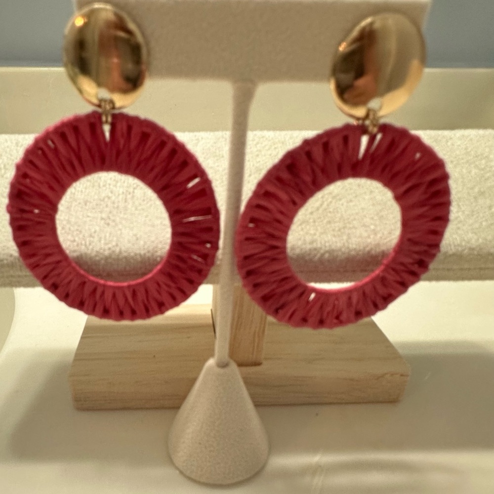 Hot Pink Raffia Earrings with Gold